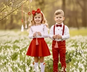 Комплект за момиче от 3 части - пола клош от трико Роси в червено, блуза с дълъг ръкав с къдрички в бяло обкрайчени с червено и чорапки