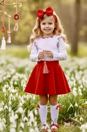 Комплект за момиче от 3 части - пола клош от трико Роси в червено, блуза с дълъг ръкав с къдрички в бяло обкрайчени с червено и чорапки