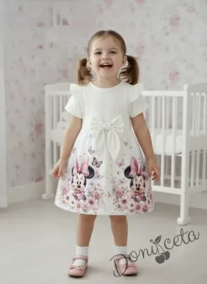 Детска рокля в екрю с къс ръкав, къдричка и панделка и с картинка Мини Маус 