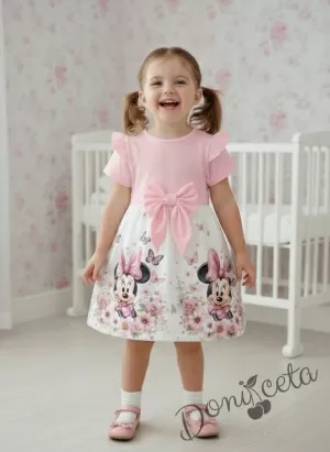 Детска рокля в розово с къс ръкав, къдричка и панделка и с картинка Мини Маус
