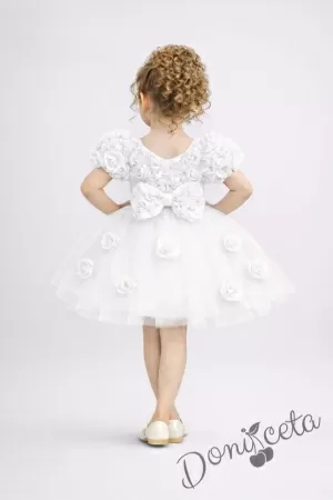 Официална детска рокля Розана с къс ръкав с 3D рози и богат тюл в бяло от колекция Снежина