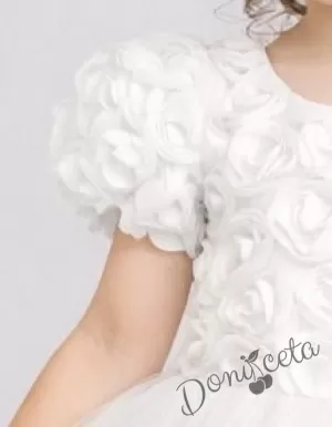 Официална детска рокля Розана с къс ръкав с 3D рози и богат тюл в бяло от колекция Снежина