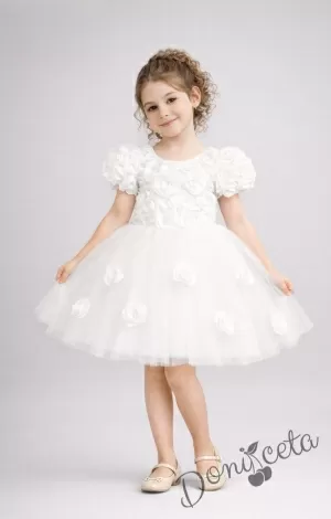 Официална детска рокля Розана с къс ръкав с 3D рози и богат тюл в бяло от колекция Снежина