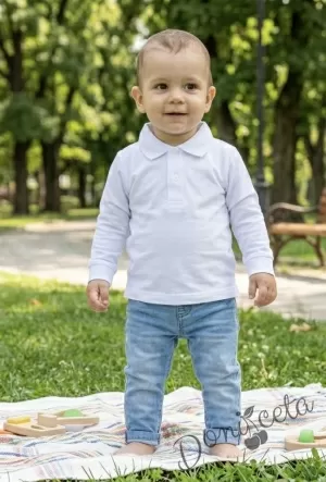 Бебешка блуза с дълъг ръкав за момче в бяло с яка