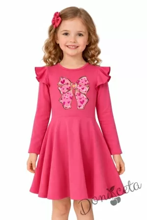 Детска рокля с дълъг ръкав в циклама с къдрички и панделка