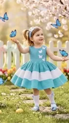 Детска рокля в тюркоаз мента с 3D пеперуди