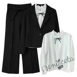 Комплект за момиче от 3 части - сако, панталон с висока талия и колан в черно и блуза с дълъг ръкав с панделка в черно