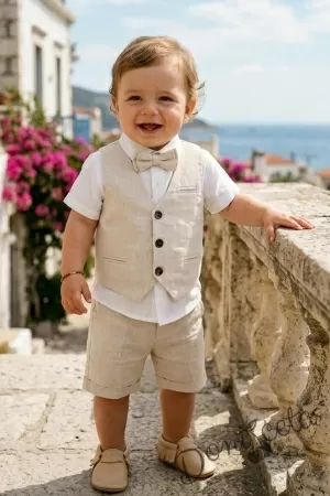 Летен официален комплект за момче от 4 части - риза в бяло с къс ръкав , къси панталони, елек и папийонка в бежово 