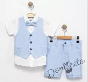 Летен официален комплект за момче от 4 части - риза в бяло с къс ръкав , къси панталони, елек и папийонка в светлосиньо