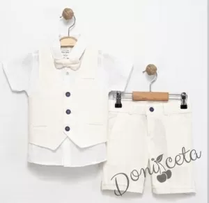 Летен официален комплект за момче от 4 части - риза в бяло с къс ръкав , къси панталони, елек и папийонка в екрю