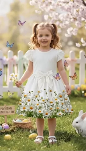 Детска ежедневна рокля в екрю и нежен светлосин цвят с флорални мотиви