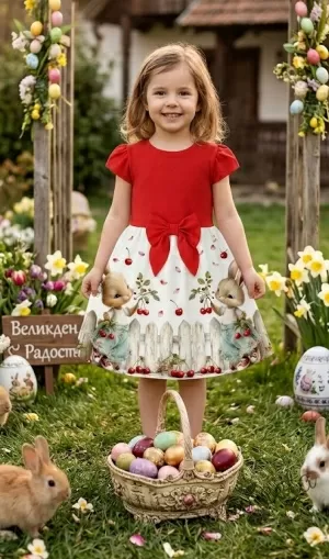 Детска ежедневна рокля в червено и бяло с зайчета