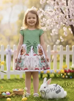 Детска ежедневна рокля с къс ръкав в зелено и бяло с зайчета