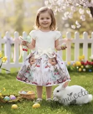 Детска ежедневна рокля с къс ръкав бяло с зайчета