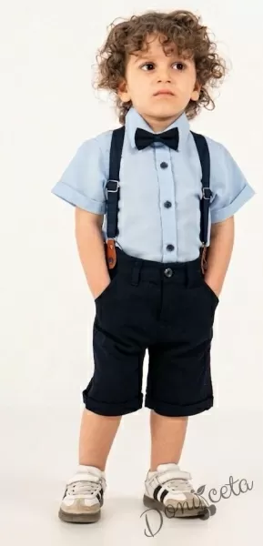 Комплект за момче от 4 части - риза в светлосин цвят с къс ръкав, къси панталони и папийонка в тъмносиньо и тиранти 