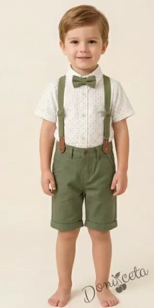 Комплект за момче от 4 части - риза в бяло с зелени орнаменти с къс ръкав, къси панталони, папийонка и тиранти  в зелено