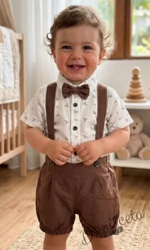 Комплект за момче от 3 части - риза в бяло с орнаменти с къс ръкав, къси панталони тип гащеризон и папийонка в  кафяв цвят