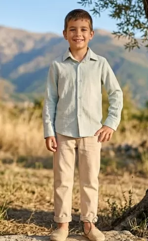 Детска риза с дълъг ръкав с яка за момче в тюркоаз