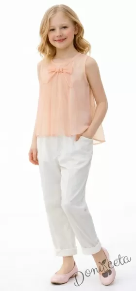 Детска блуза без ръкав в цвят пудра с панделка за момиче Вая
