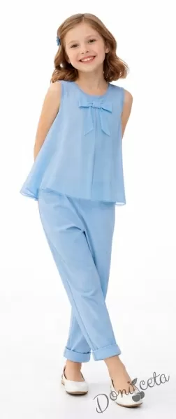 Детска блуза без ръкав в светлосиньо с панделка за момиче Вая