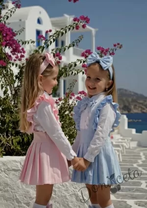 Комплект за момиче от 5 части- сукман Гери в светлосиньо с плисирана пола, риза в бяло с дълъг ръкав и къдрички с панделка, чорапки и диадема