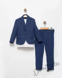 Спортно-елегантен комплект за момче от 3 части-тениска с къс ръкав в бяло със сако в тъмносиньо и панталон в  тъмносиньо