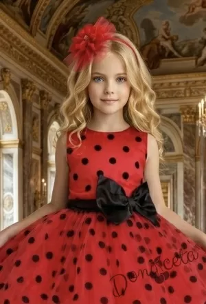 Официална детска рокля без ръкав в червено с ефектни черни точки Стела
