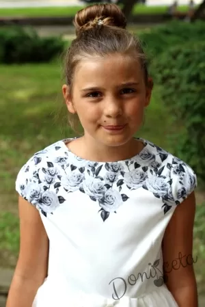 Официална детска рокля с тюл  в екрю със сиви цветя в горната част