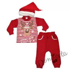 Коледен бебешки комплект  в червено от 3 части с еленче