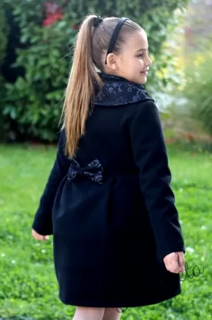 Детско палто за момиче в черно с дантела 