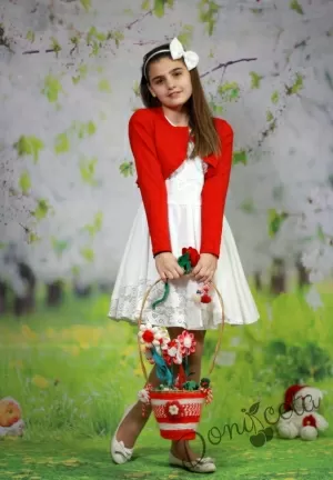 Официална детска рокля в бяло с дантела от едната страна и болеро в червено Арра