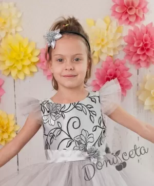 Официална детска  рокля Галина  в сиво с цветя с голяма панделка отзад