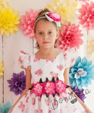 Официална детска дълга рокля Сави  на цветя в розово
