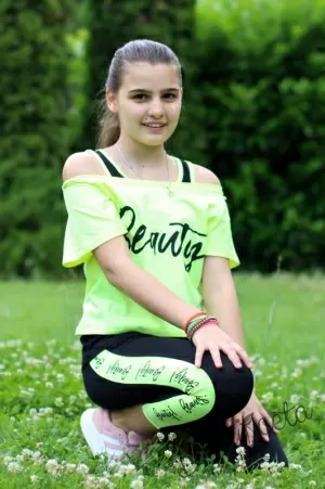 Детски летен комплект от 3 части с потник , блузка с къс ръкав в зелено/неон и клин в черно
