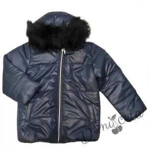Зимно детско яке за момче в тъмносиньо с качулка с косъм