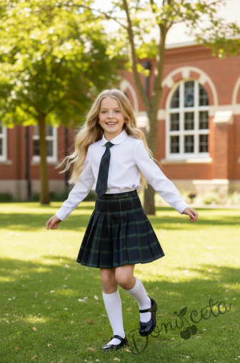 Комплект от 3 части карирана плисирана пола до коляното с бяла изчистена риза и карирана вратовръзка, подходящ и за ученическа униформа