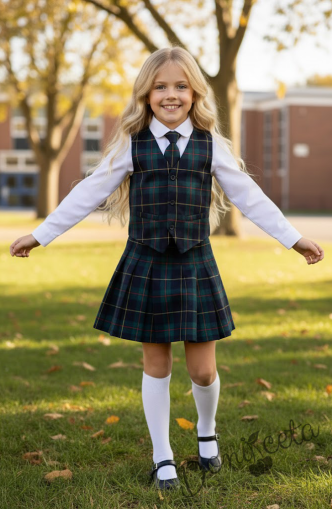 Комплект от 4 части карирана плисирана пола до коляното с бяла изчистена риза, карирана вратовръзка и карирано елече, подходящ и за ученическа униформа