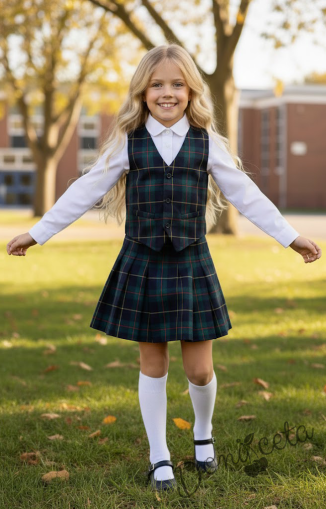 Комплект от 3 части пола плисе до коляното с елече в тъмносиньо и бяла изчистена риза, подходящ и за ученическа униформа