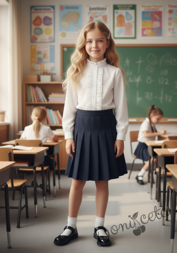 Комплект от 2 части-плисирана пола в тъмносиньо до коляното и риза с дълъг ръкав с висока яка