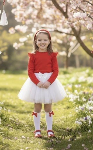 Комплект от 2 части-детска туту пола в бяло и блузка с дълъг ръкав с къдрички на рамената и бието в червено