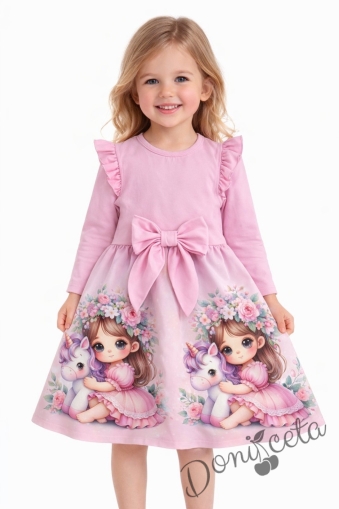 Детска рокля с дълъг ръкав в розово с къдрички, панделка и картинка 