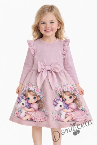 Детска рокля с дълъг ръкав в пепел от рози с къдрички, панделка и картинка 