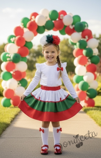 Комплект за момиче от детска пола в бяло, зелено и червено и блуза в бяло с дълъг ръкав с къдрички