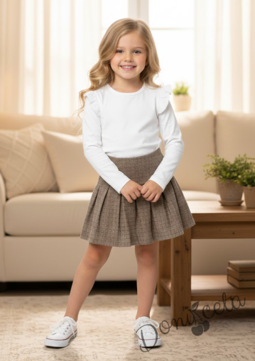 Комплект за момиче от 2 части- пола плисе в кафяво Лия и бяла блуза с дълъг ръкав и къдрички 