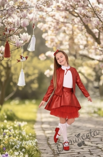 Комплект кожена пола и кожено яке в червено за момиче  Дивна от