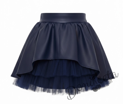 Детска кожена пола в тъмносиньо с тюл отпред за момиче Хенриета