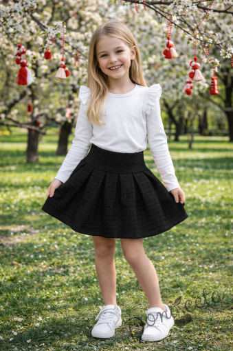 Комплект за момиче от 2 части- пола плисе в черно Лия и бяла блуза с дълъг ръкав и къдрички 