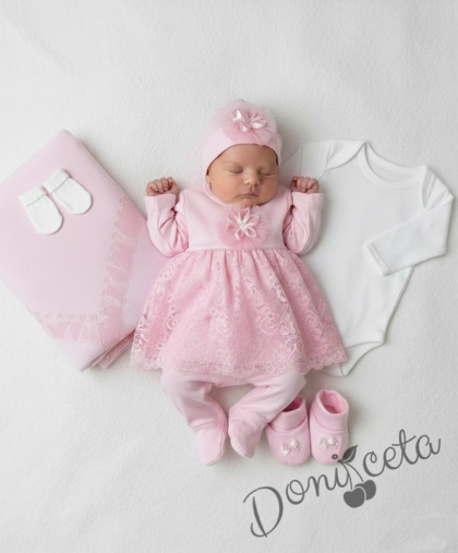 Комплект за изписване от 7 части за момиче в розово с дантела