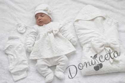 Луксозен комплект за изписване на момиче от 6 части в екрю с блестящи нишки