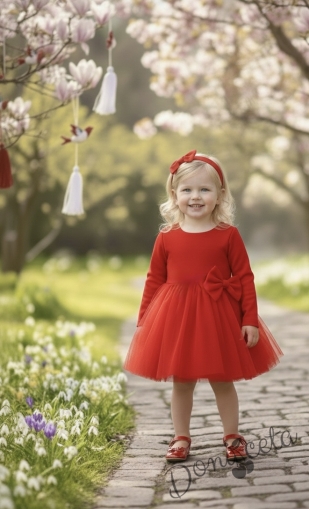  Официална детска рокля с дълъг ръкав Дантеса в червено с тюл  надолу
